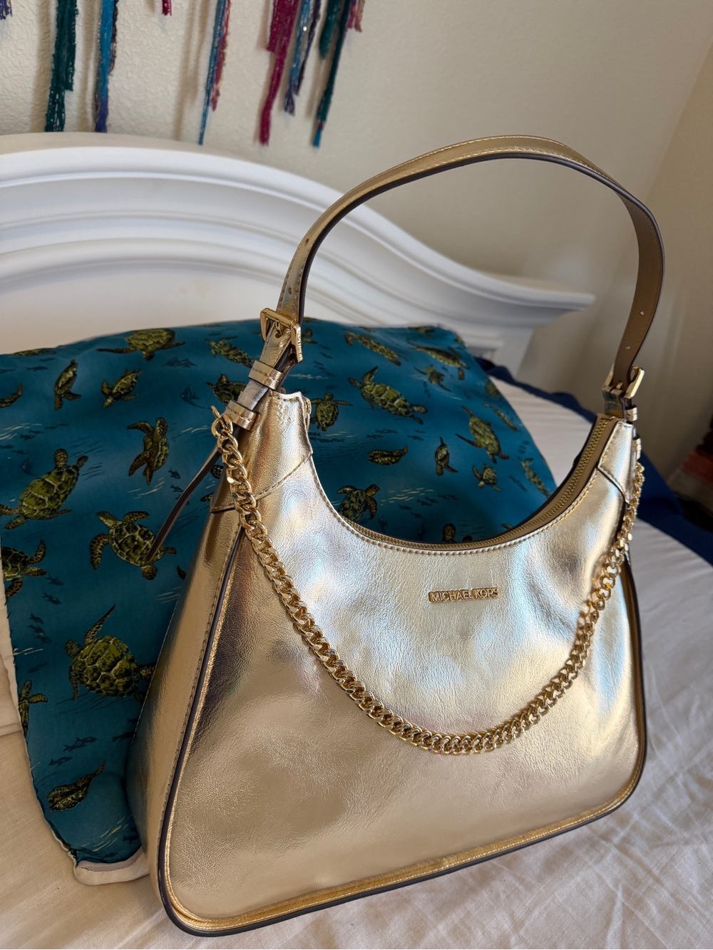 Michael Kors Metallic Gold Leather Chain-Trim Shoulder Bag